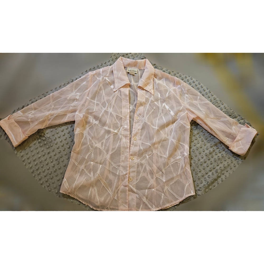 Sarah B Studio Womens Pink Sheer Geometric Textured Button Down Blouse Size M